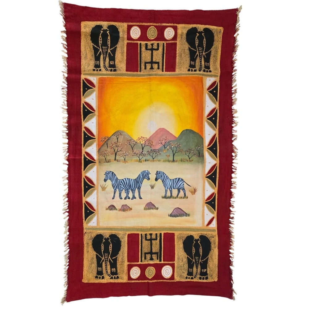 Hand Painted African Wall Hanging or Textile Safari Zebra Elephant Sunrise 36x60